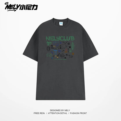 NELY Little Nelly Cartoon Graffiti Cotton Short-sleeved T-shirt Men and Women 2025 Summer New Fashion Brand Inner Half-sleeved Top