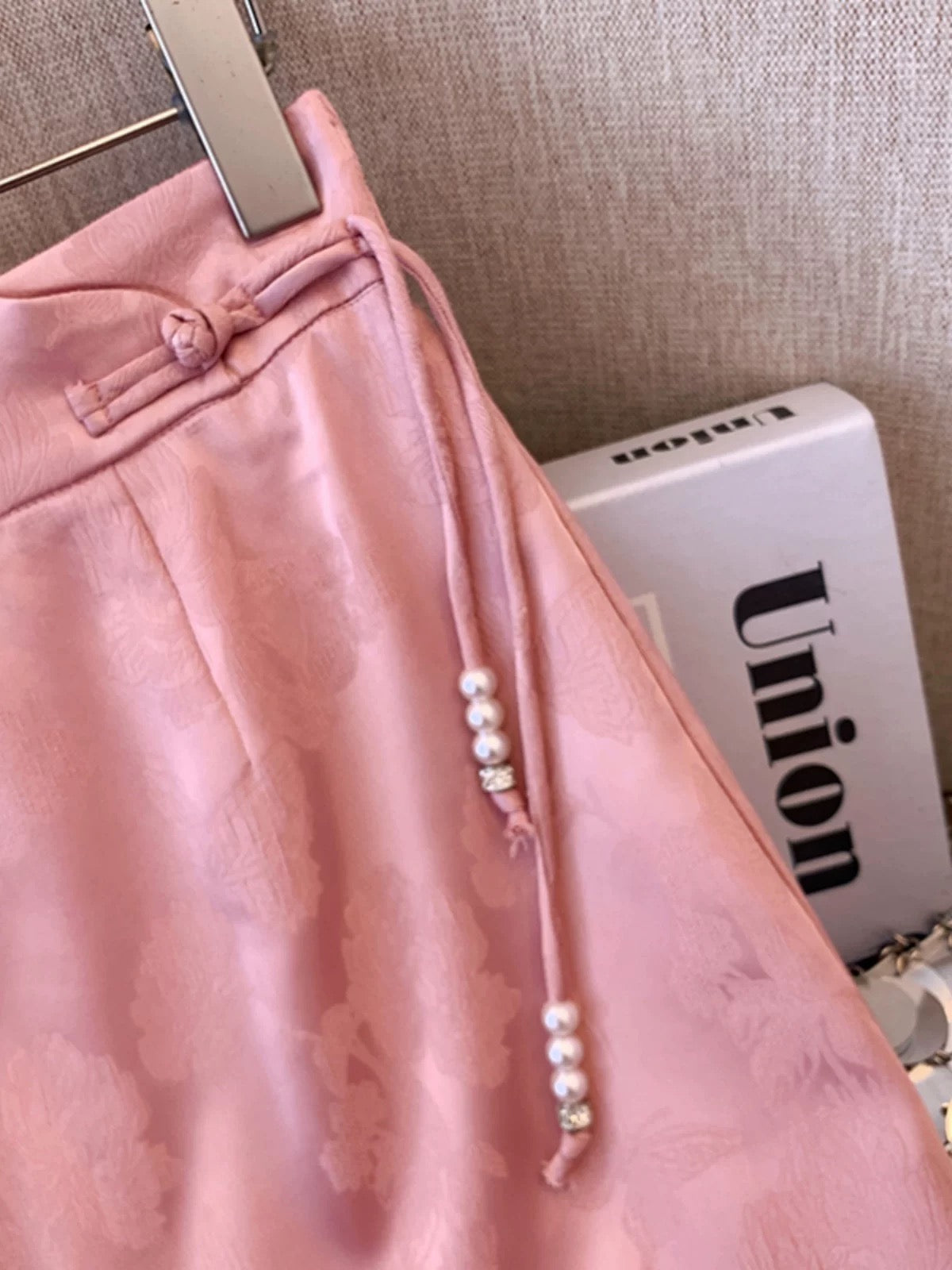 New Chinese style pink acetate skirt for women summer national style jacquard satin temperament slim high waist hip mid-length skirt
