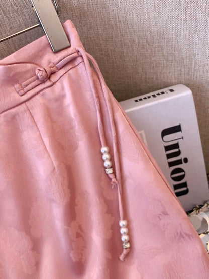 New Chinese style pink acetate skirt for women summer national style jacquard satin temperament slim high waist hip mid-length skirt
