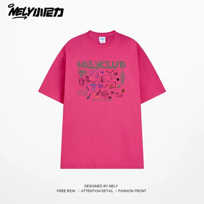 NELY Little Nelly Cartoon Graffiti Cotton Short-sleeved T-shirt Men and Women 2025 Summer New Fashion Brand Inner Half-sleeved Top