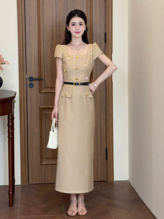 LILI Li Lijia [Precious Daughter] French Daughter Style Dress 2025 Summer High-end Khaki Long Dress