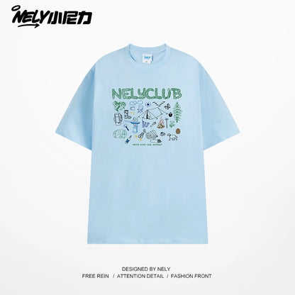 NELY Little Nelly Cartoon Graffiti Cotton Short-sleeved T-shirt Men and Women 2025 Summer New Fashion Brand Inner Half-sleeved Top