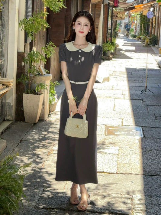 LILI Li Lijia [Celebrity Daughter] High-intelligence style thunder series high-end long skirt summer gray temperament dress