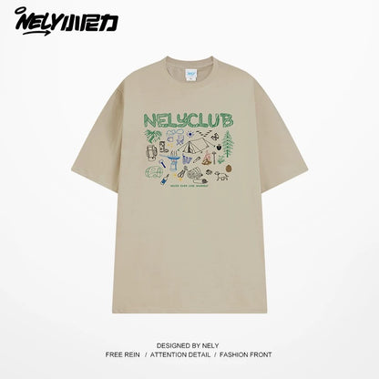 NELY Little Nelly Cartoon Graffiti Cotton Short-sleeved T-shirt Men and Women 2025 Summer New Fashion Brand Inner Half-sleeved Top