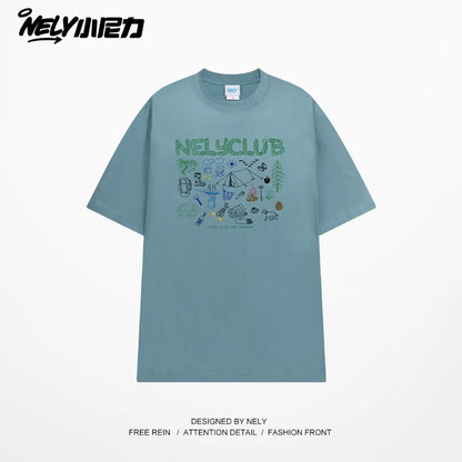 NELY Little Nelly Cartoon Graffiti Cotton Short-sleeved T-shirt Men and Women 2025 Summer New Fashion Brand Inner Half-sleeved Top