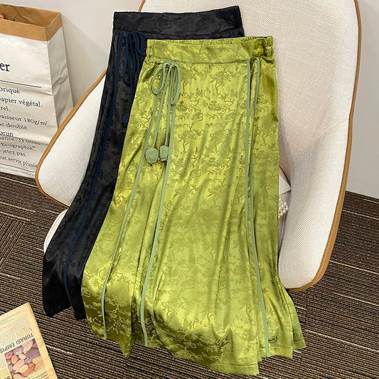 New Chinese-style improved horse-faced skirt, satin skirt, spring and summer wear, jacquard national style improved retro long skirt