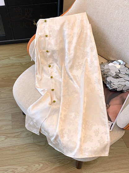New Chinese Jacquard Skirt Women's Autumn Small Light Chinese Style Tang Suit Hip Covering Skirt One Step Skirt 2024 New Style