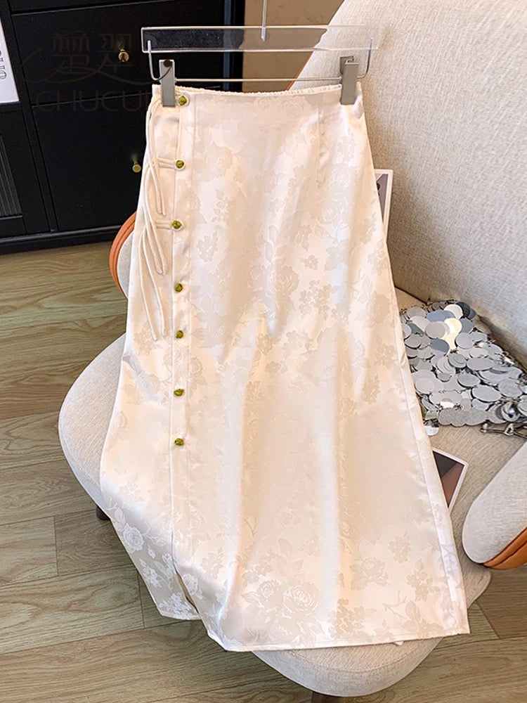 New Chinese Jacquard Skirt Women's Autumn Small Light Chinese Style Tang Suit Hip Covering Skirt One Step Skirt 2024 New Style