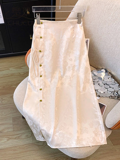 New Chinese Jacquard Skirt Women's Autumn Small Light Chinese Style Tang Suit Hip Covering Skirt One Step Skirt 2024 New Style