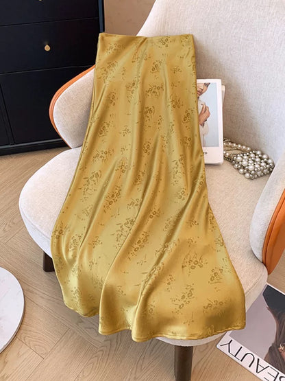National style acetate skirt long drape jacquard high waist slim a line skirt new Chinese satin skirt women summer