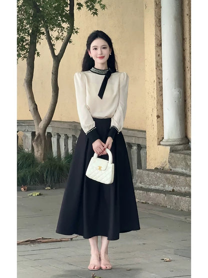 LILI Li Lijia [Eve] Qianjinfeng Satin Shirt Suit Skirt 2025 Autumn New French Two-piece Suit