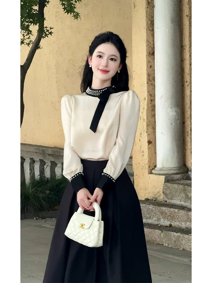 LILI Li Lijia [Eve] Qianjinfeng Satin Shirt Suit Skirt 2025 Autumn New French Two-piece Suit