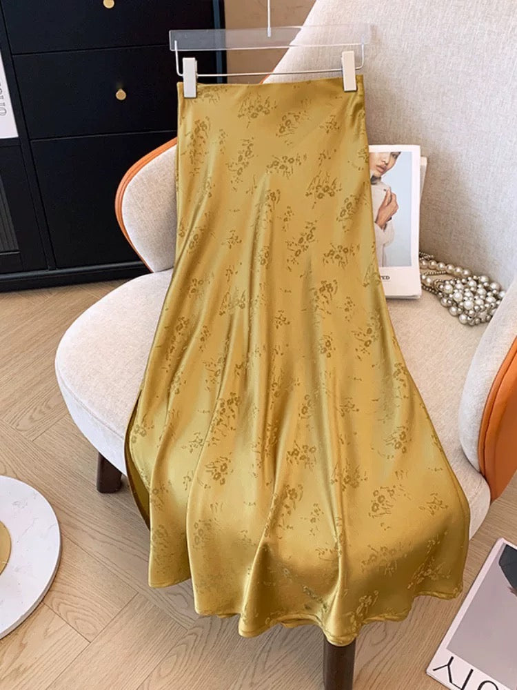 National style acetate skirt long drape jacquard high waist slim a line skirt new Chinese satin skirt women summer