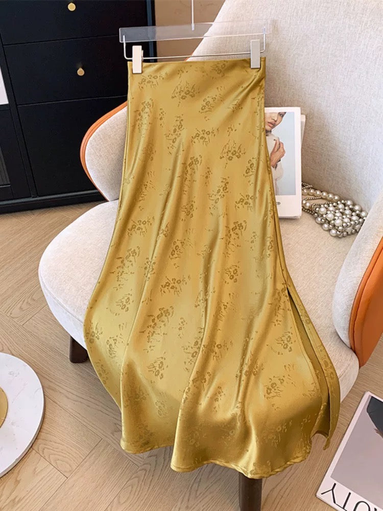 National style acetate skirt long drape jacquard high waist slim a line skirt new Chinese satin skirt women summer