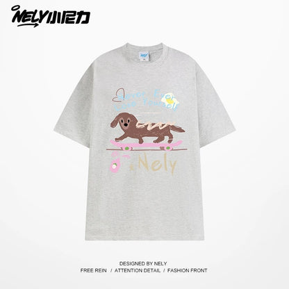 NELY Little Nelly Skateboard Dog Japanese Street Dachshund Puppy Printed Short Sleeve Men and Women Loose Couple T-Shirt