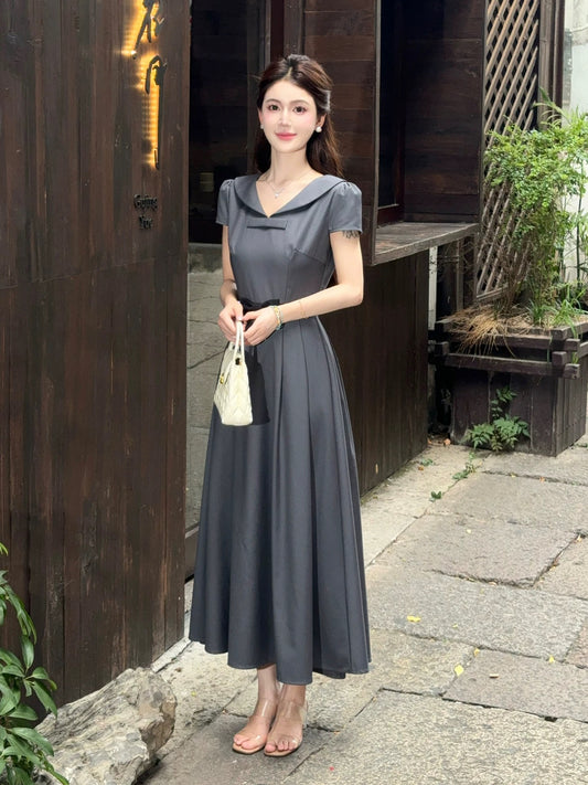 LILI Li Lijia [Gray Style] French High-end Gray Dress 2025 Summer Bow Contrast Color Long Dress