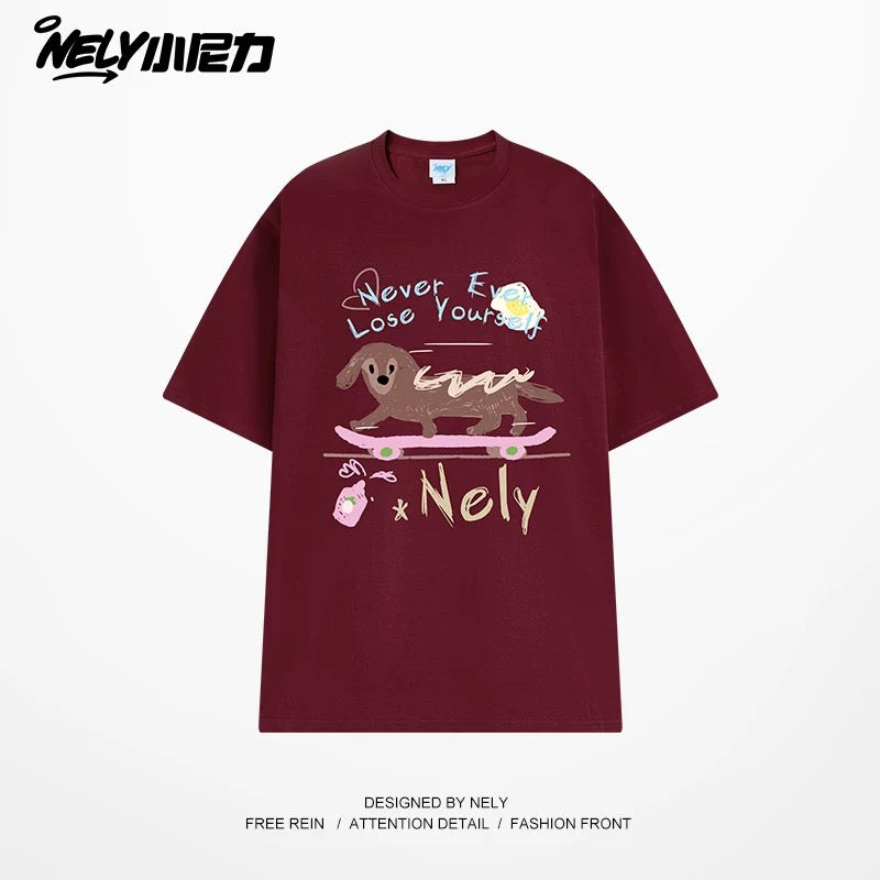 NELY Little Nelly Skateboard Dog Japanese Street Dachshund Puppy Printed Short Sleeve Men and Women Loose Couple T-Shirt