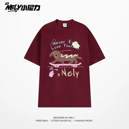 NELY Little Nelly Skateboard Dog Japanese Street Dachshund Puppy Printed Short Sleeve Men and Women Loose Couple T-Shirt