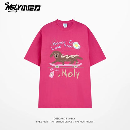 NELY Little Nelly Skateboard Dog Japanese Street Dachshund Puppy Printed Short Sleeve Men and Women Loose Couple T-Shirt