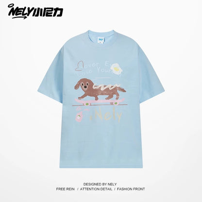 NELY Little Nelly Skateboard Dog Japanese Street Dachshund Puppy Printed Short Sleeve Men and Women Loose Couple T-Shirt