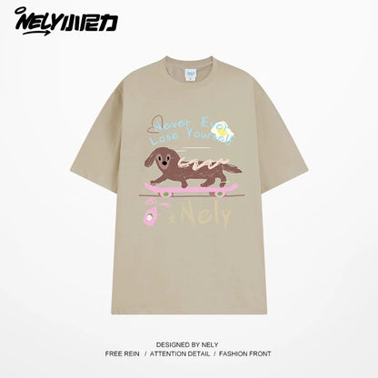 NELY Little Nelly Skateboard Dog Japanese Street Dachshund Puppy Printed Short Sleeve Men and Women Loose Couple T-Shirt