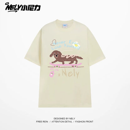 NELY Little Nelly Skateboard Dog Japanese Street Dachshund Puppy Printed Short Sleeve Men and Women Loose Couple T-Shirt