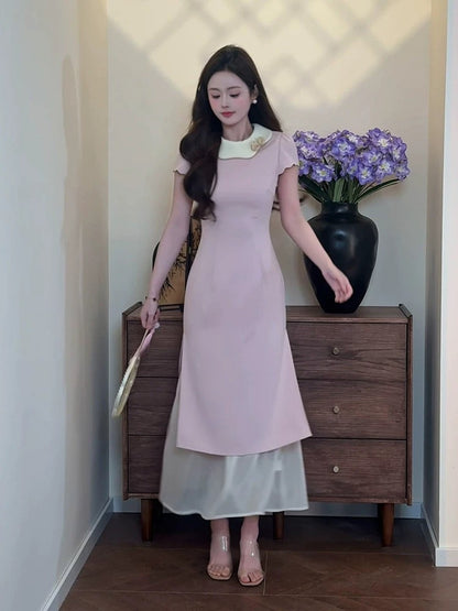 Qiqihenmang [Wanfu Manor] French style small doll collar long dress 2025 summer new fake two-piece dress