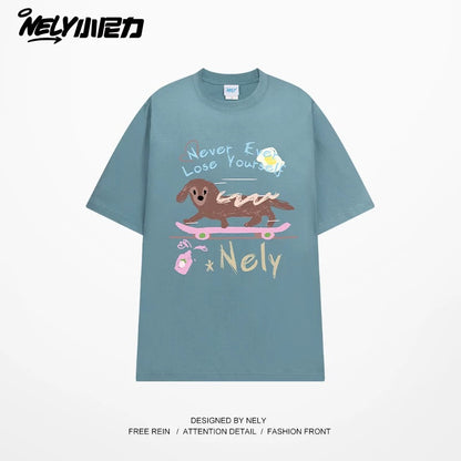 NELY Little Nelly Skateboard Dog Japanese Street Dachshund Puppy Printed Short Sleeve Men and Women Loose Couple T-Shirt