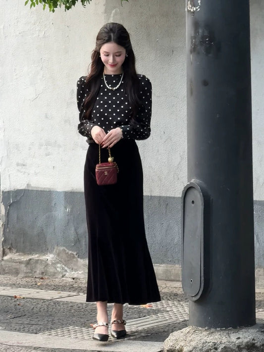 LILI Li Lijia 2025 autumn new French Hepburn style suit high waist black polka dot shirt a complete set of age reduction