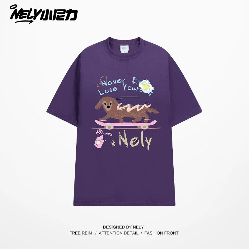 NELY Little Nelly Skateboard Dog Japanese Street Dachshund Puppy Printed Short Sleeve Men and Women Loose Couple T-Shirt