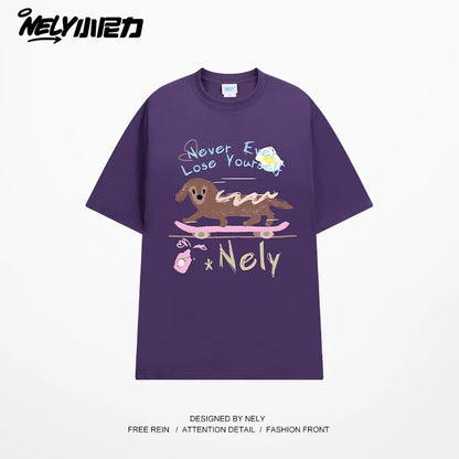 NELY Little Nelly Skateboard Dog Japanese Street Dachshund Puppy Printed Short Sleeve Men and Women Loose Couple T-Shirt