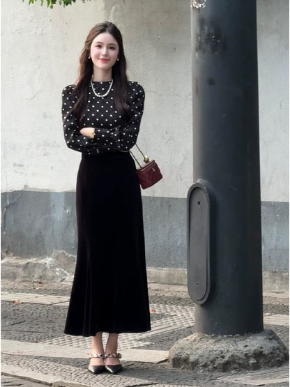 LILI Li Lijia 2025 autumn new French Hepburn style suit high waist black polka dot shirt a complete set of age reduction