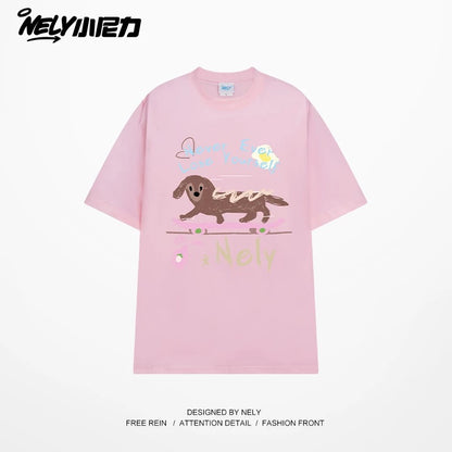NELY Little Nelly Skateboard Dog Japanese Street Dachshund Puppy Printed Short Sleeve Men and Women Loose Couple T-Shirt