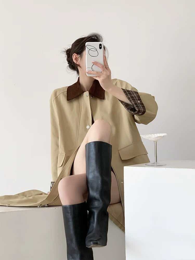YAHI French high-end contrast temperament classic khaki mid-length lapel trench coat female autumn new