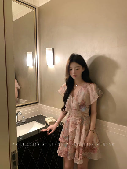 YOLI "Monet's Garden" French-style floral V-neck dress—a stunning, waist-cinching mini dress with ruffle details.