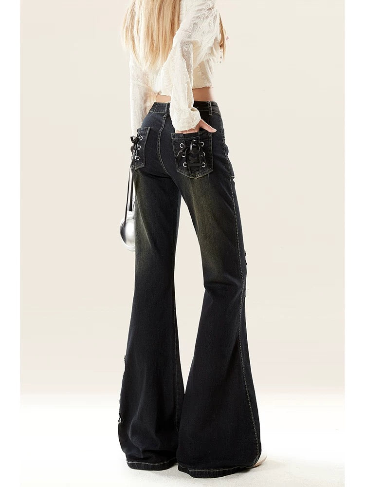 Naturally astringent retro bow raw edge slightly flared jeans for women in autumn and winter hot girls high waist slimming pants for small people