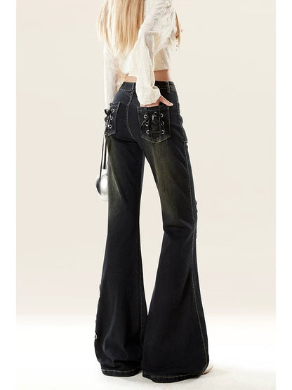 Naturally astringent retro bow raw edge slightly flared jeans for women in autumn and winter hot girls high waist slimming pants for small people
