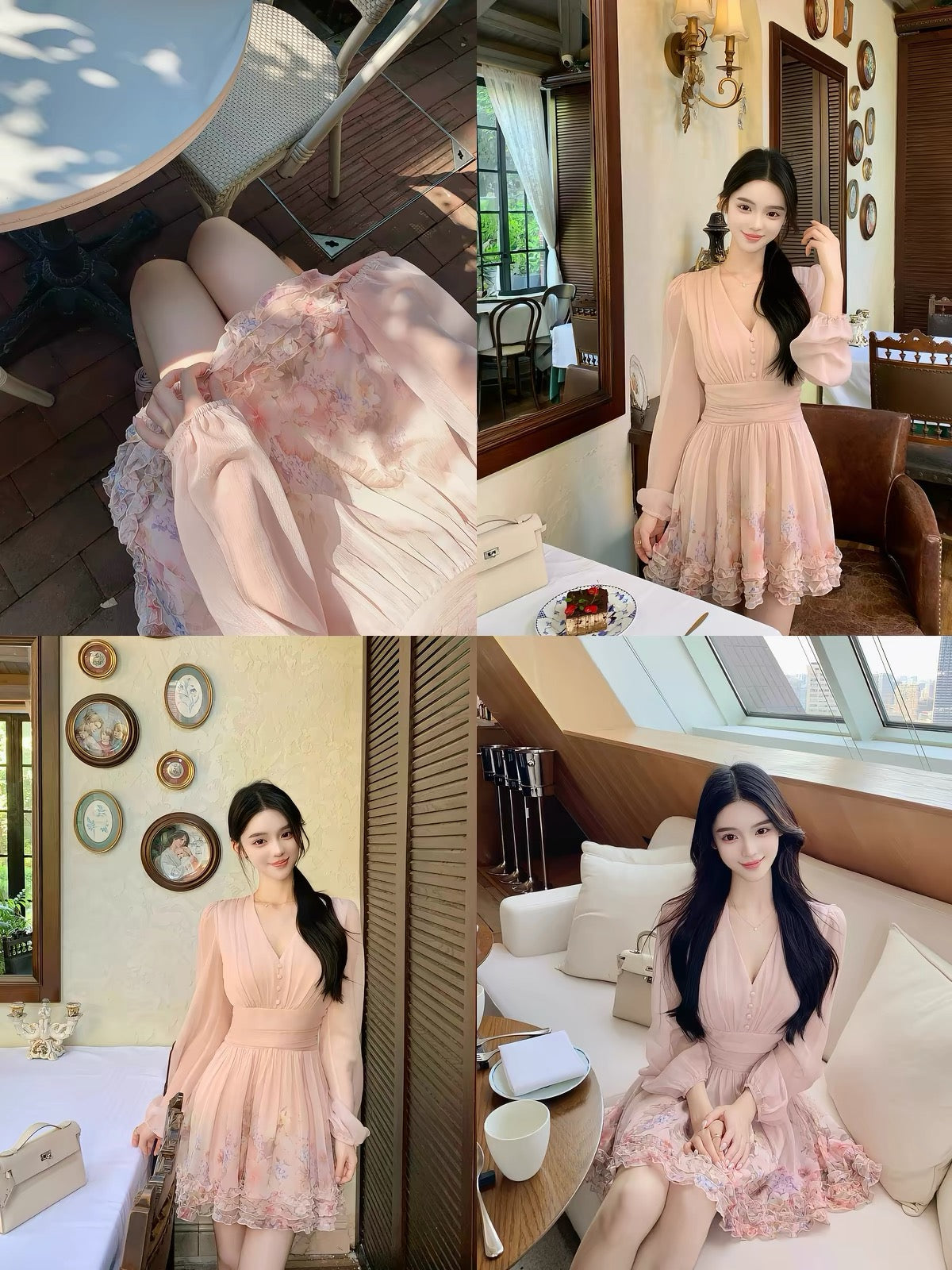 Hotdog – Pink V-neck long-sleeve dress with lettuce-edge trim and floral print (Summer)