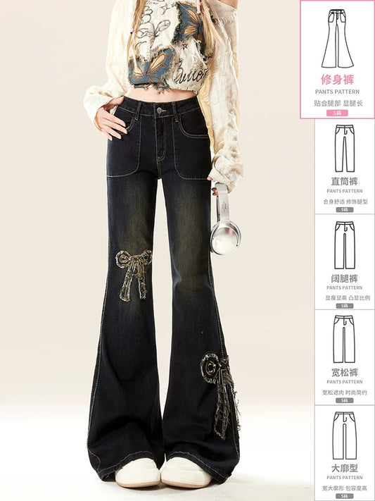 Naturally astringent retro bow raw edge slightly flared jeans for women in autumn and winter hot girls high waist slimming pants for small people