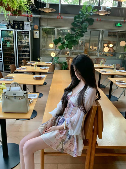 Hotdog "Spicy" Style [Wisteria Romance – Free Shorts Included] Women's Summer Wisteria-Print Dress (Waist-Cinched Short Dress)