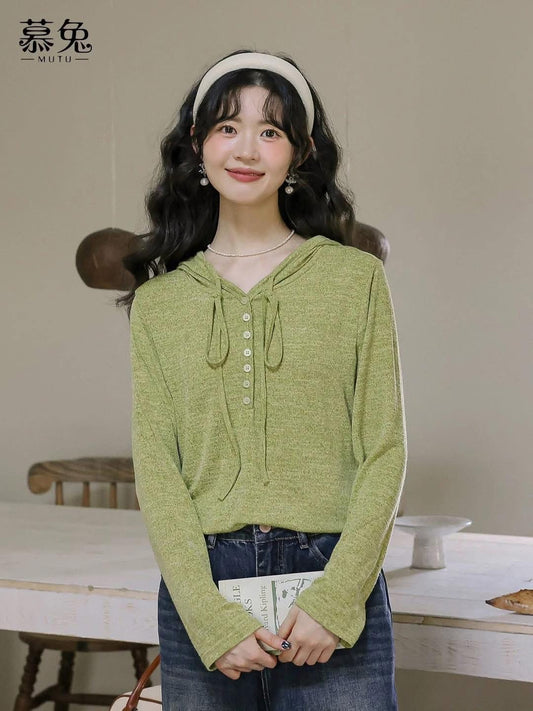 MuTu Fresh Green Hooded Knit Sweater for Women, 2025 Autumn New Style, Lazy Style, Loose Fit, Slimming Long Sleeve Top