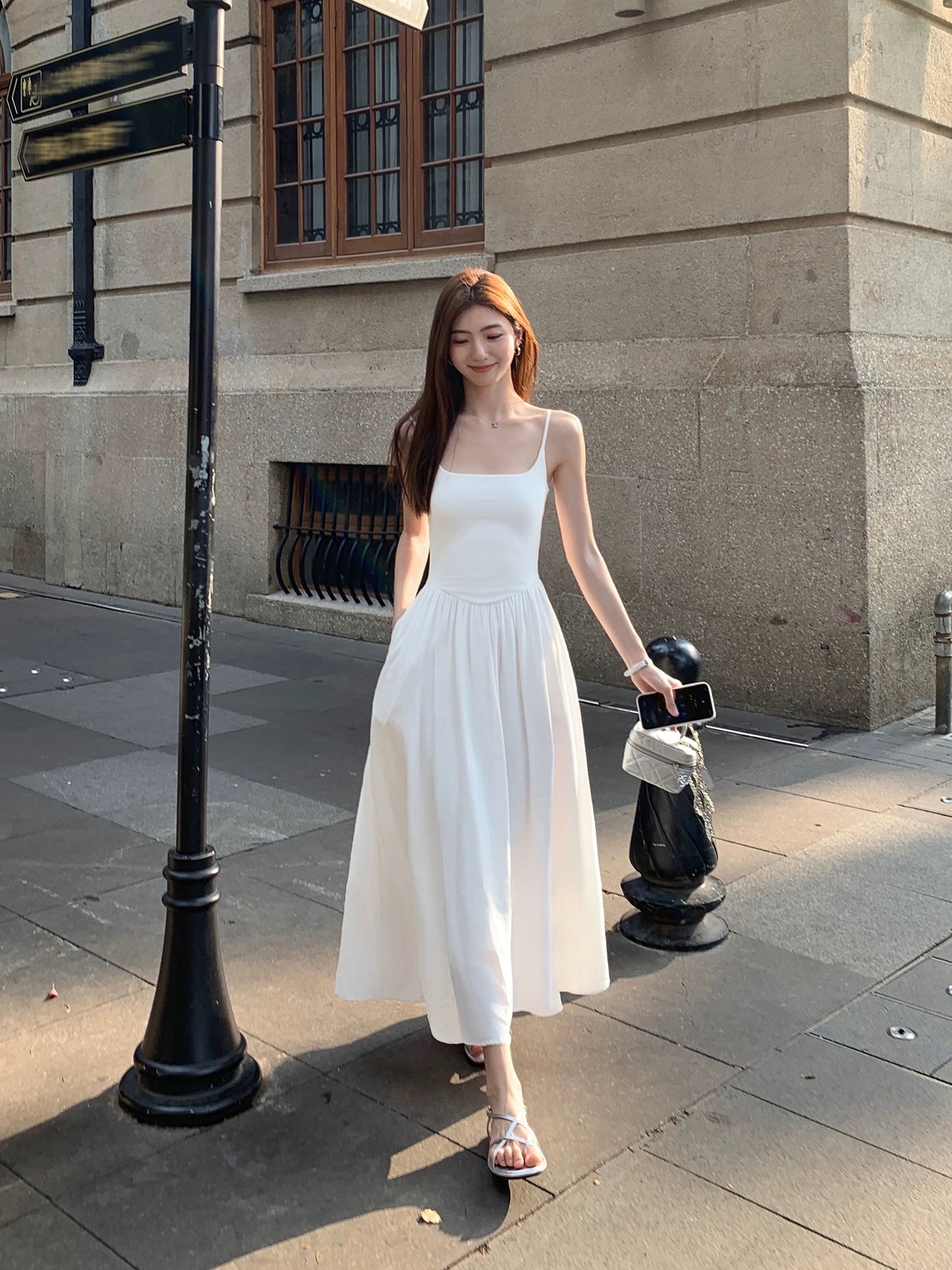 MULVAN Black Padded Knitted Suspender Dress Women's French Style Waist A-Line Long Skirt