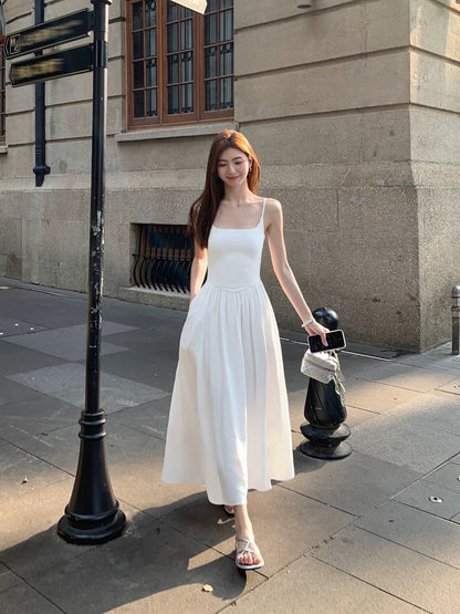 MULVAN Black Padded Knitted Suspender Dress Women's French Style Waist A-Line Long Skirt