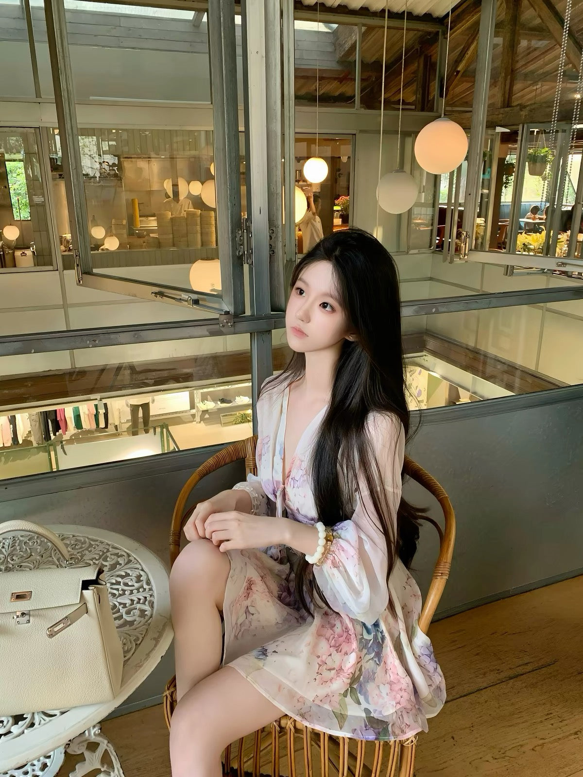 Hotdog "Spicy" Style [Wisteria Romance – Free Shorts Included] Women's Summer Wisteria-Print Dress (Waist-Cinched Short Dress)