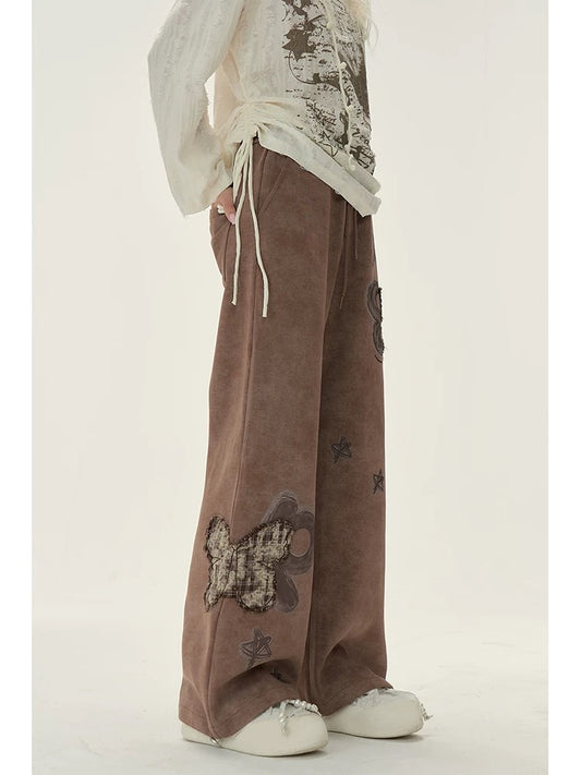 Natural brown butterfly patch sweatpants for women in autumn and winter American retro casual loose wide-leg sports velvet pants