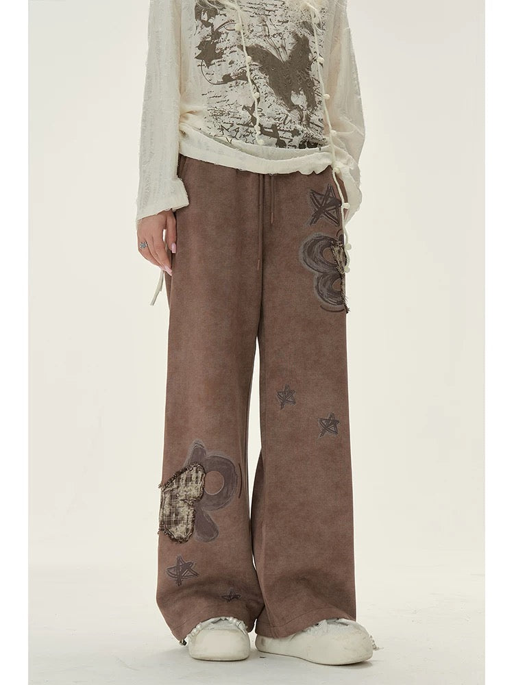 Natural brown butterfly patch sweatpants for women in autumn and winter American retro casual loose wide-leg sports velvet pants