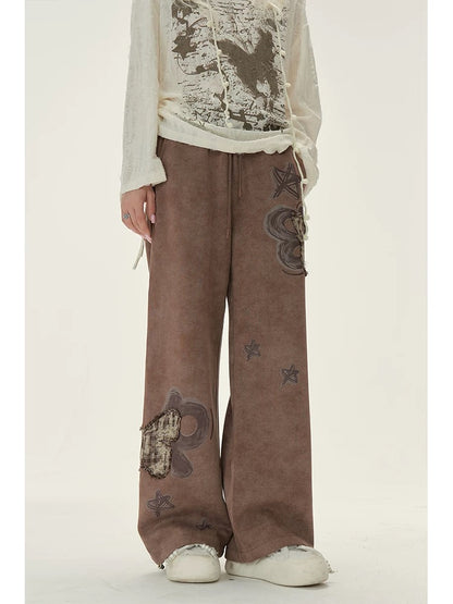 Natural brown butterfly patch sweatpants for women in autumn and winter American retro casual loose wide-leg sports velvet pants