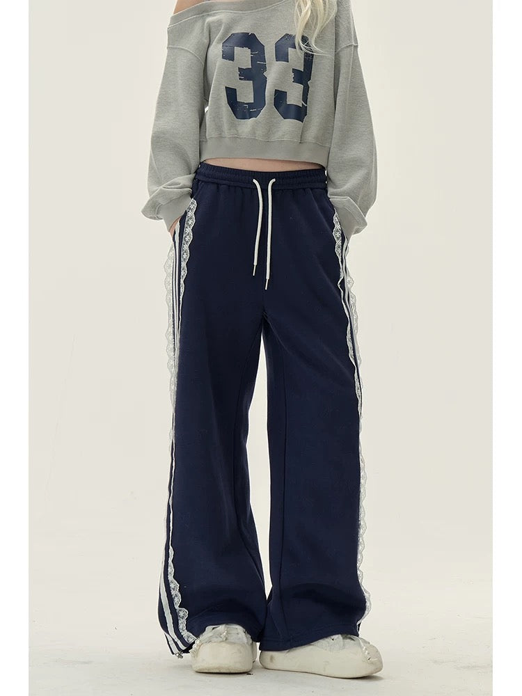 Natural college style lace design sweatpants for women in fall and winter, versatile casual straight straight floor-length pants