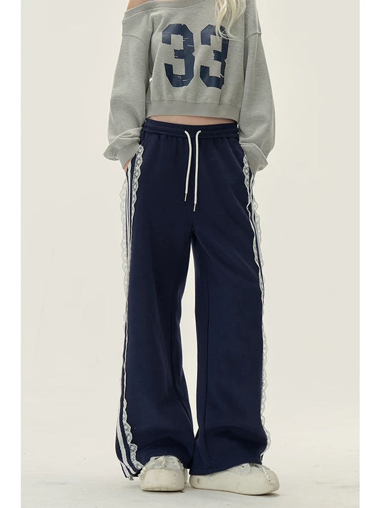 Natural college style lace design sweatpants for women in fall and winter, versatile casual straight straight floor-length pants