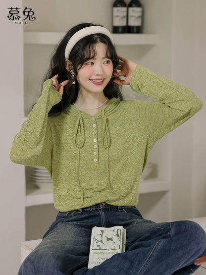 MuTu Fresh Green Hooded Knit Sweater for Women, 2025 Autumn New Style, Lazy Style, Loose Fit, Slimming Long Sleeve Top